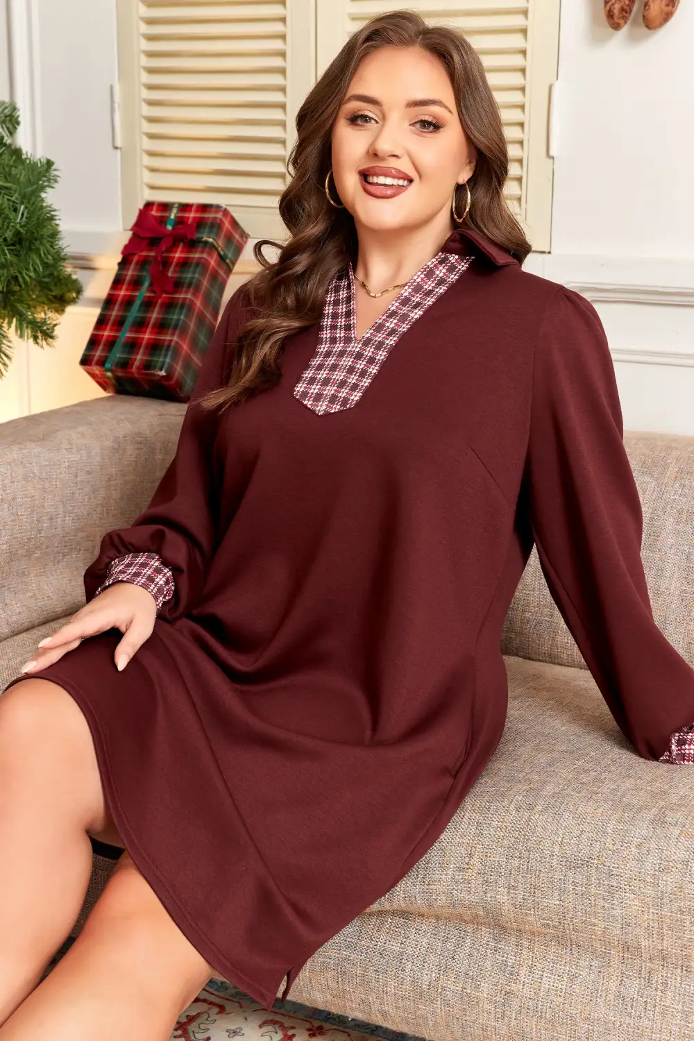 Plaid Patchwork Collared Mini Dress