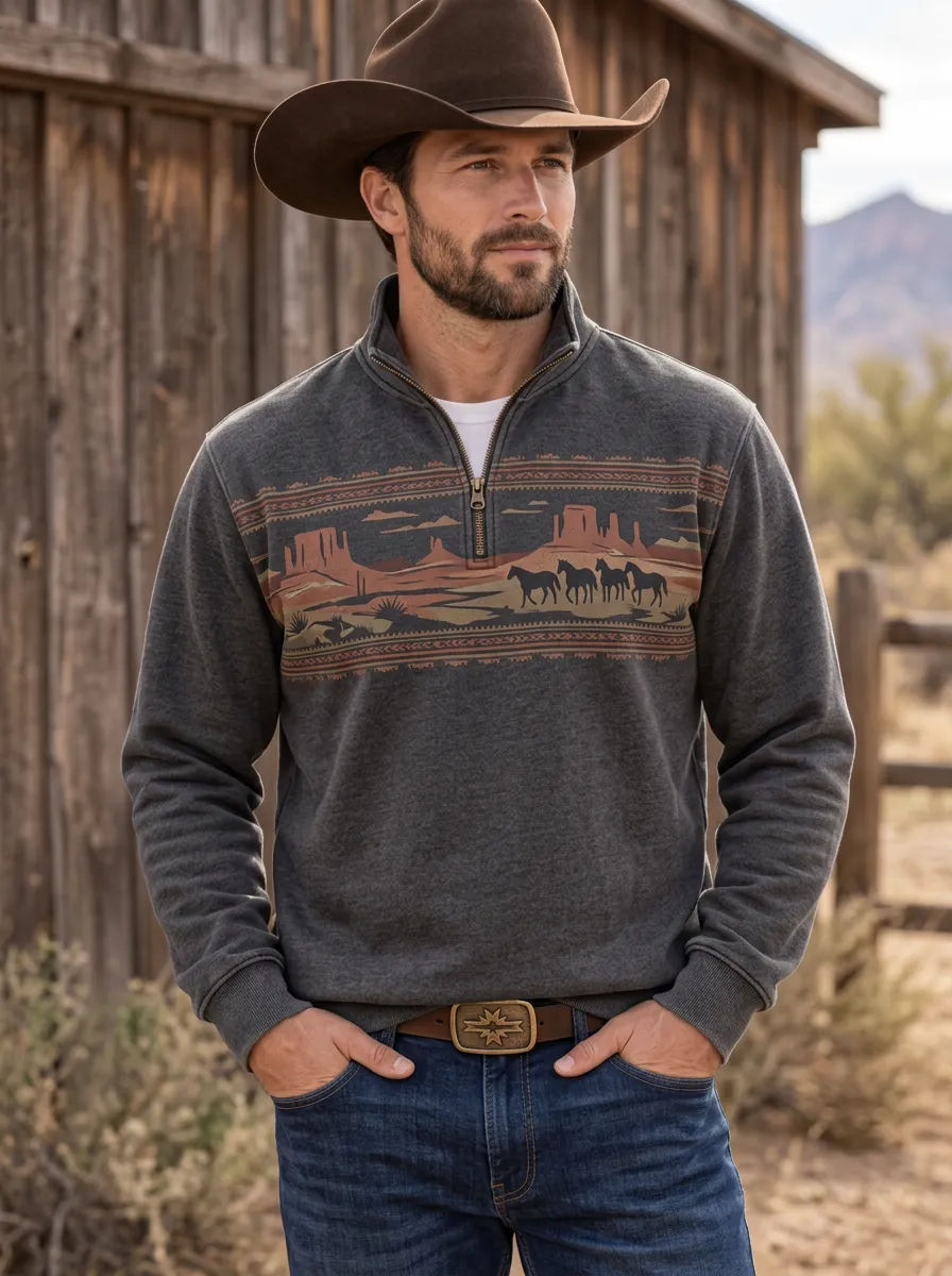 Men's Western Cowboy Horse Desert Quarter-Zip Sweatshirt