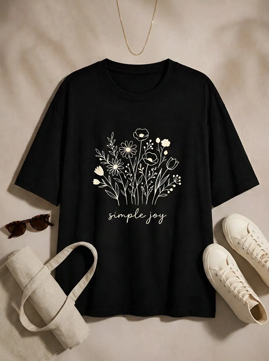 Women's Simple Joy Floral Bouquet Line Art Printed T-shirt
