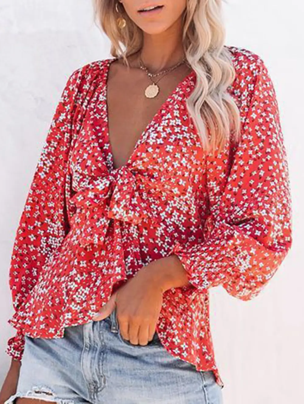 Floral Print V Neck Tie Waist Blouse