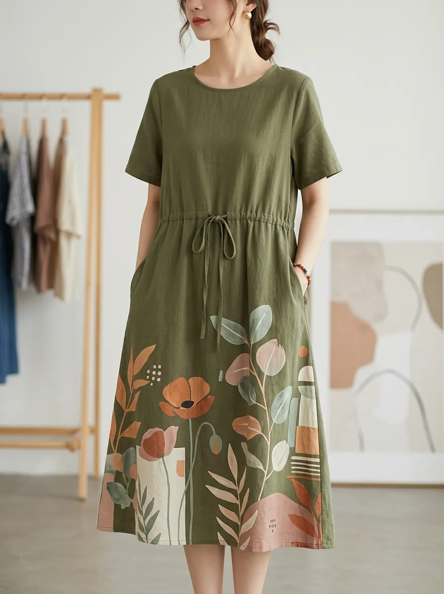 Botanical Floral Art Linen Blend Dress