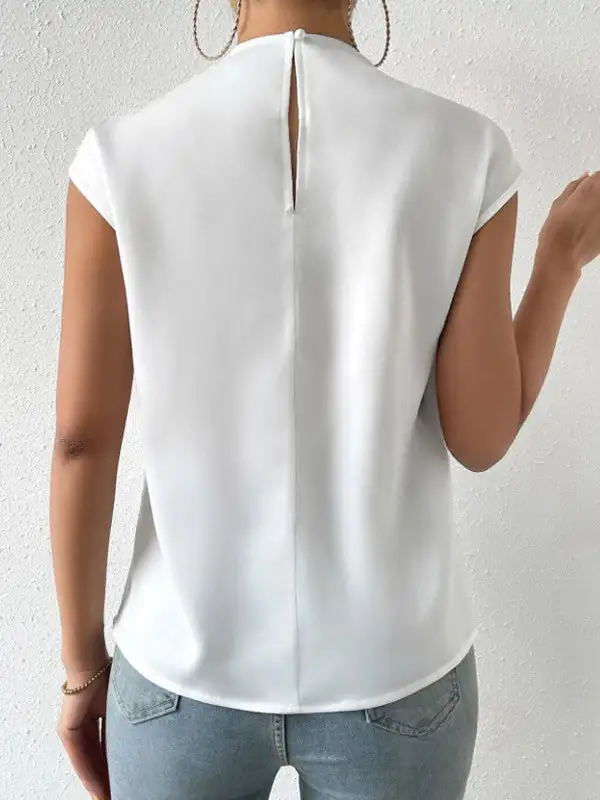 Relaxed Sleeveless Cutout Pleat Detail Mock Neck T-Shirt