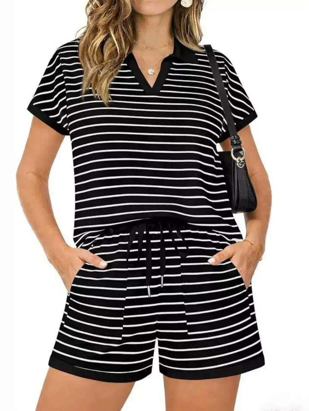 Striped Short Sleeve Polo Shorts Set