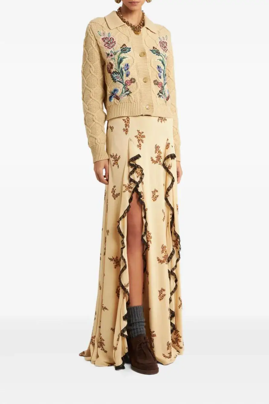 Printed Ruffled Lace Maxi Skirt