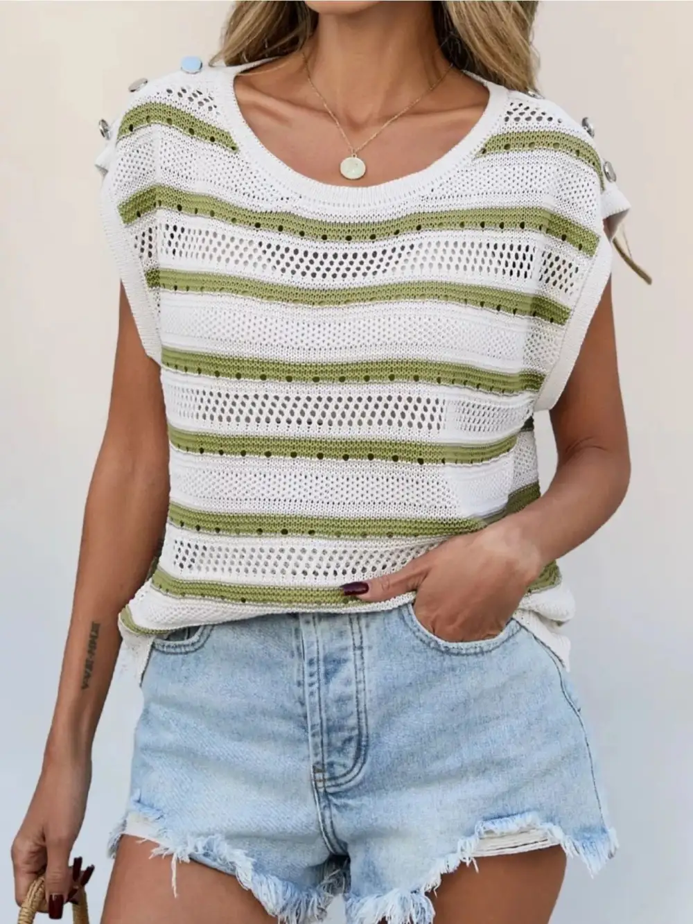 Openwork Round Neck Cap Sleeve Knit Blouse