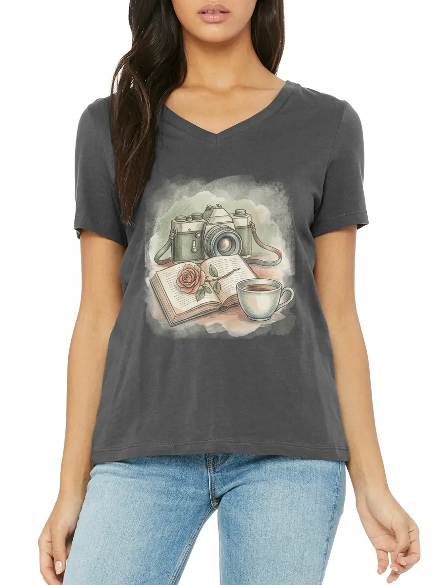 Women's Photography Book Coffee Rose Printed V-neck T-shirt
