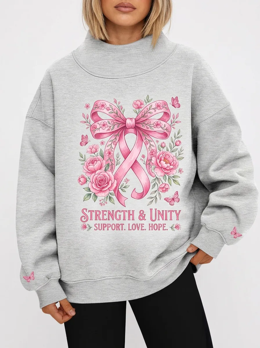 Women's Breast Cancer Awareness Pink Ribbon Floral Butterfly Printed Sweatshirt