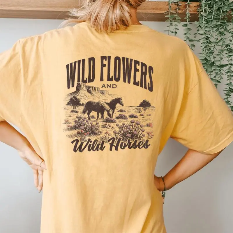 Wild Horses Wildflowers Western Cowgirl On Horse Cowboy Women's Oversized Comfort T-Shirt Back Print