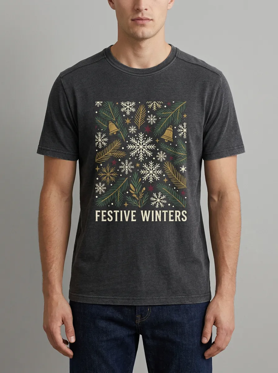 Men's Christmas Festive Winter Snowflake Pine Printed T-Shirt