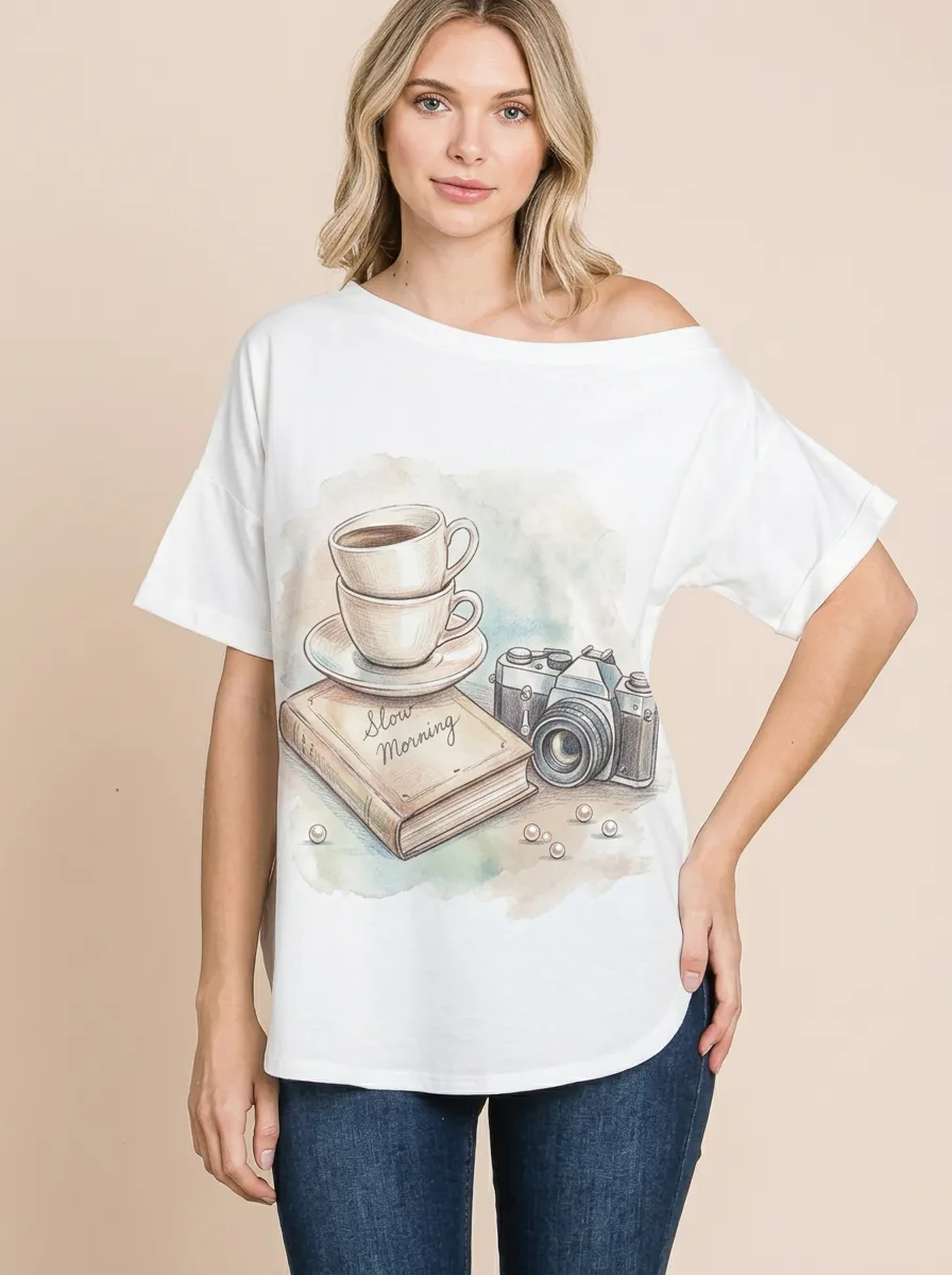 Women's Coffee Book Camera Lover Slow Morning Printed T-shirt