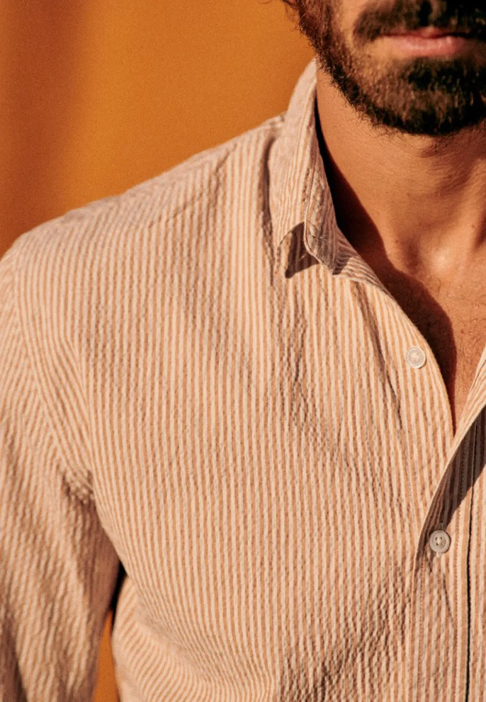 Ecru Ochre Seersucker Stripe Long Sleeve Shirt