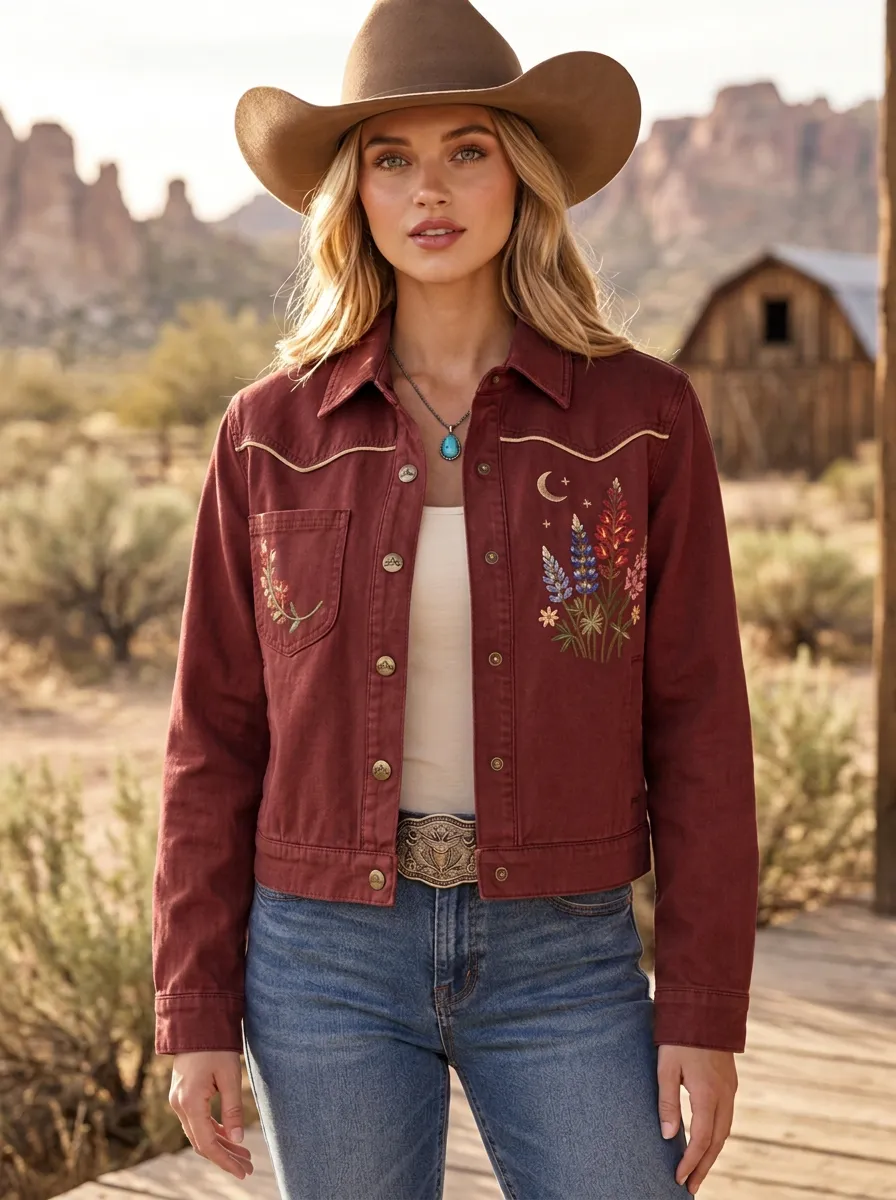 Women's Western Cowgirl Moon Floral Embroidered Denim Jacket