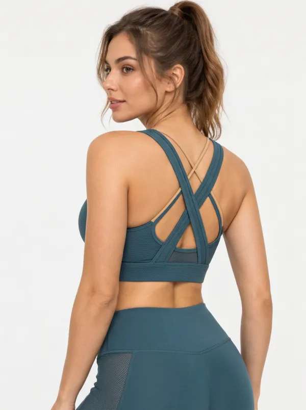 Women's Crisscross Back Sports Bra with Mesh Panel Printed Detail