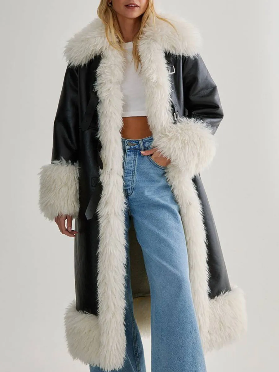 Women's Wide Faux Fur Collar & Leather Long Coat