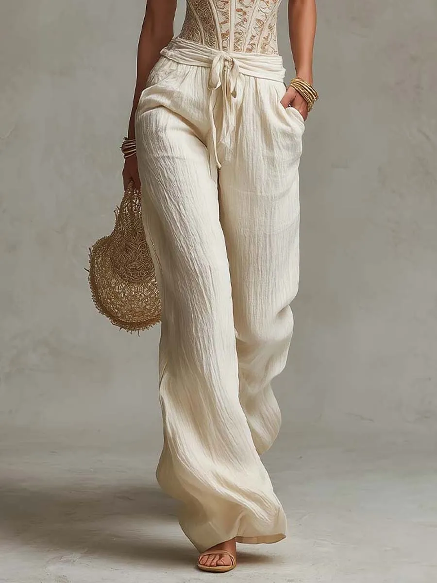 Bohemian Lace Bodycon Vest And Cotton Wide-Leg Pants Two-Piece Set