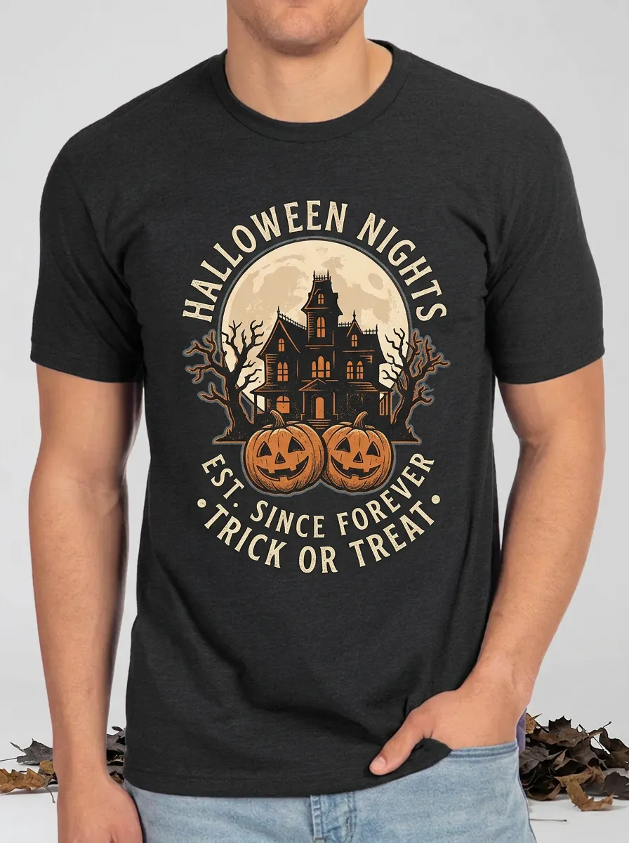 Men's Halloween Nights Haunted House Pumpkin Printed T-shirt