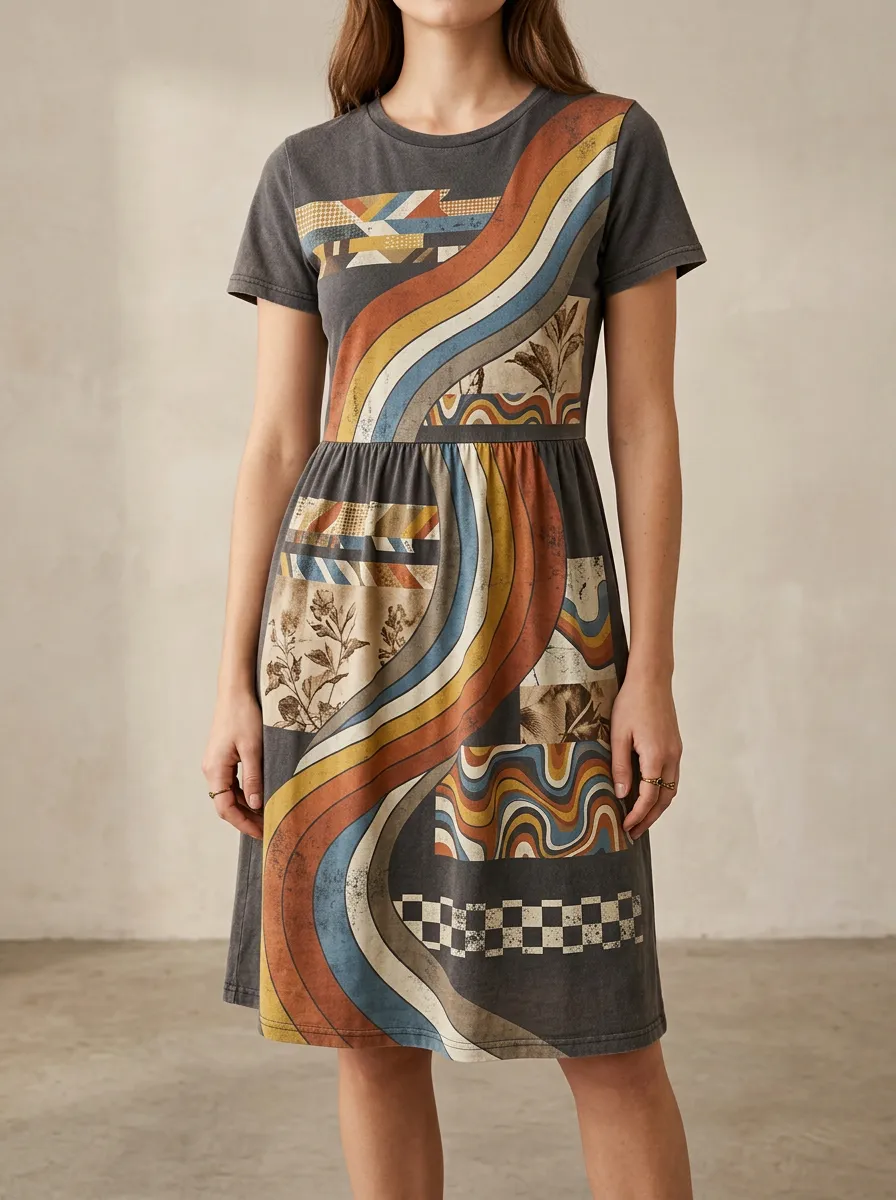 Women's Retro 70s Abstract Wave Geometric Printed Dress