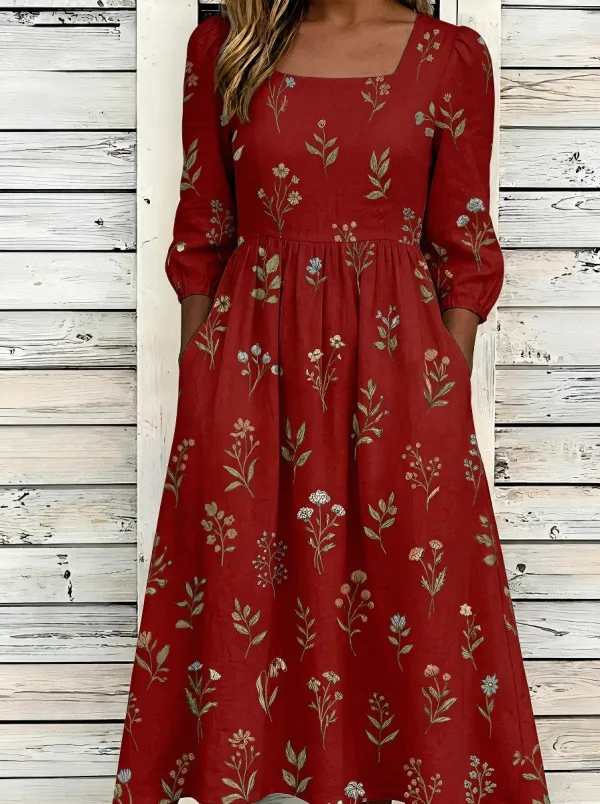 Women's Cottagecore Floral Botanical Printed Square Neck Dress