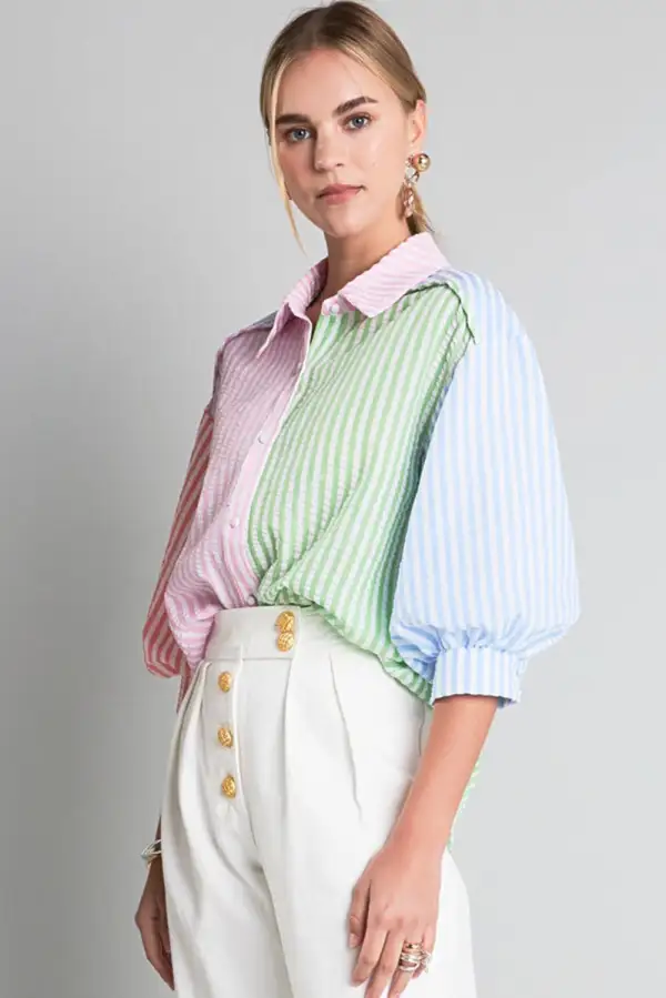 Button Front Striped Button Front Blouse