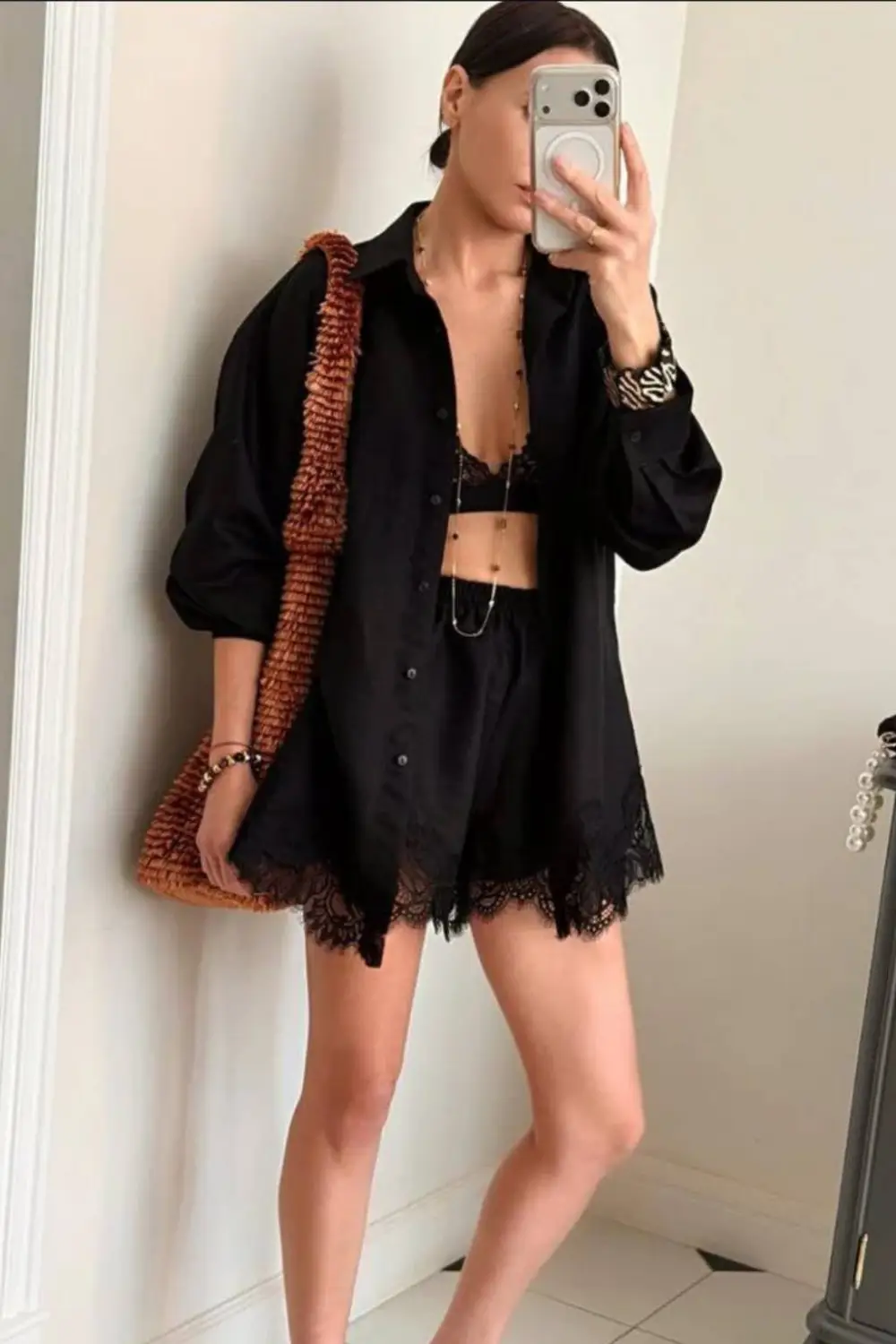 Emma Lapel Long-Sleeve Shirt & Lace-Paneled Shorts Set