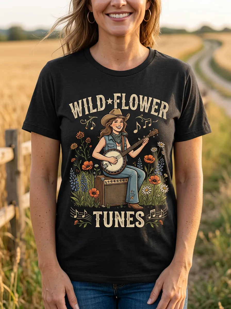 Rustic Banjo Wildflower Country Music Crewneck T-Shirt