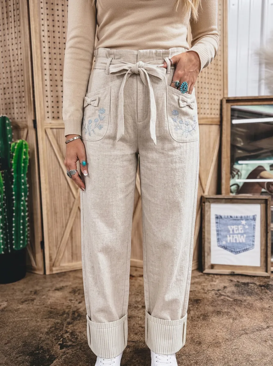 Women's Western Boho Floral Embroidered Bowknot Printed Pants