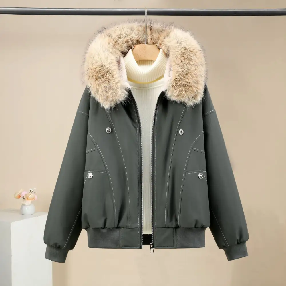 Cropped Faux Fur Stand Collar Ribbed Trim Bomber Jacket