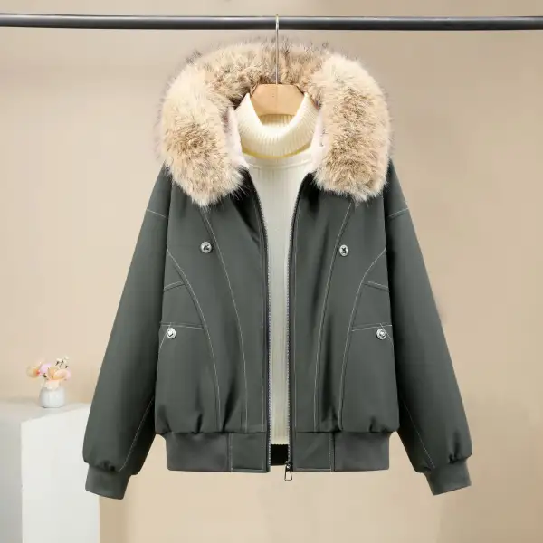 Cropped Faux Fur Stand Collar Ribbed Trim Bomber Jacket