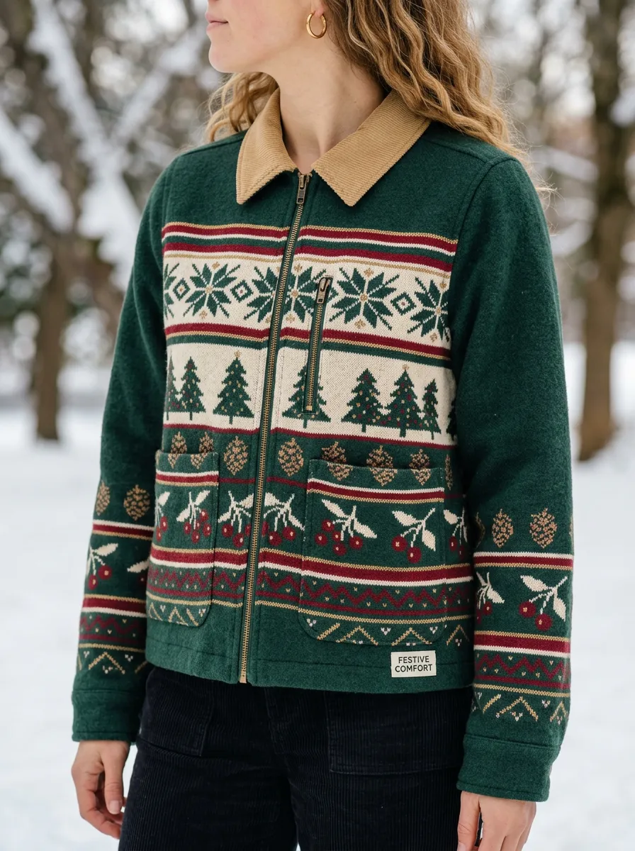 Christmas Holiday Snowflake Tree Print Zip Jacket