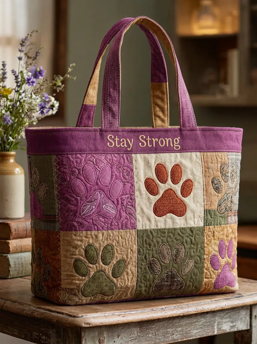 Dog Lover Stay Strong Paw Print Quilted Printed Tote Bag