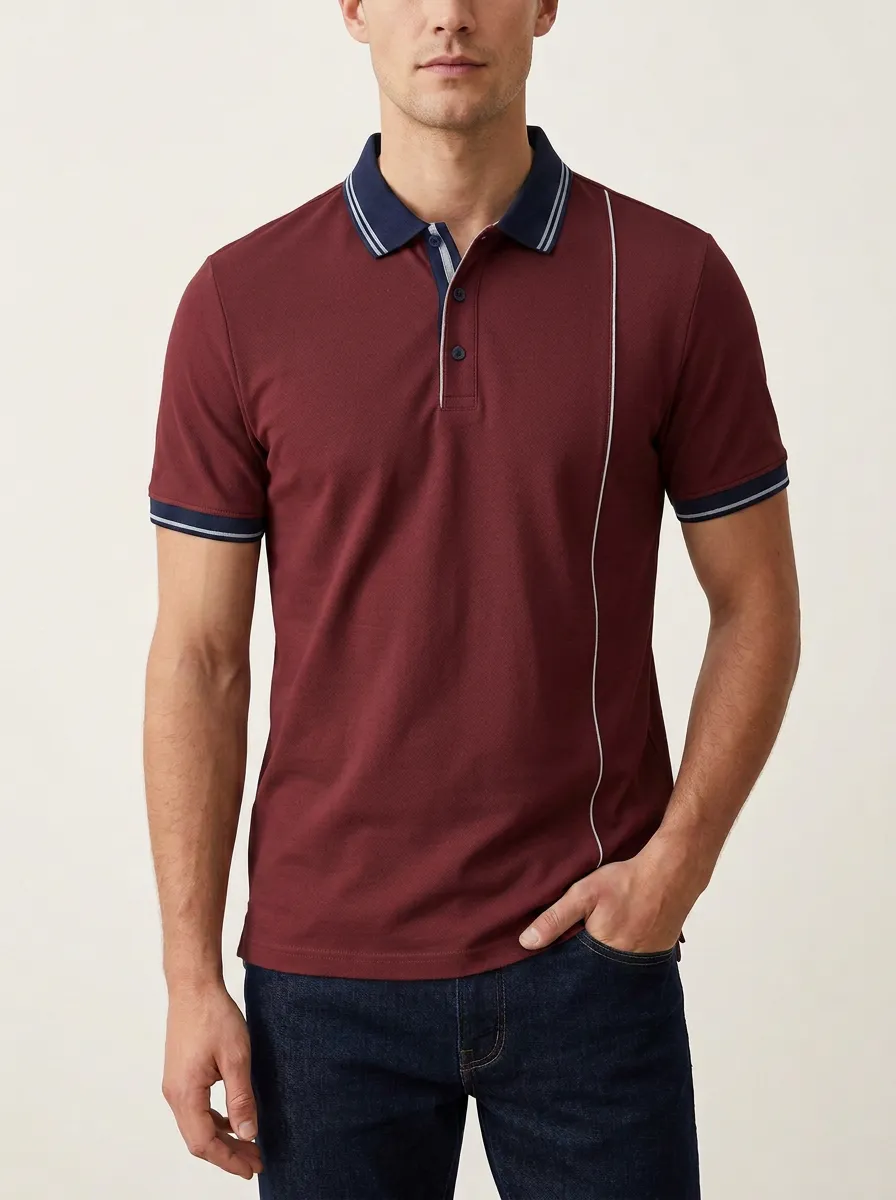 Men's Knit Striped Contrast-Piping Contrast-Trim Running Graphic Polo Shirt