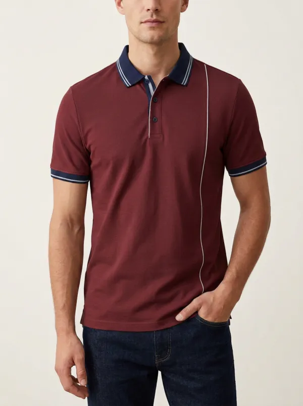 Men's Knit Striped Contrast-Piping Contrast-Trim Running Graphic Polo Shirt
