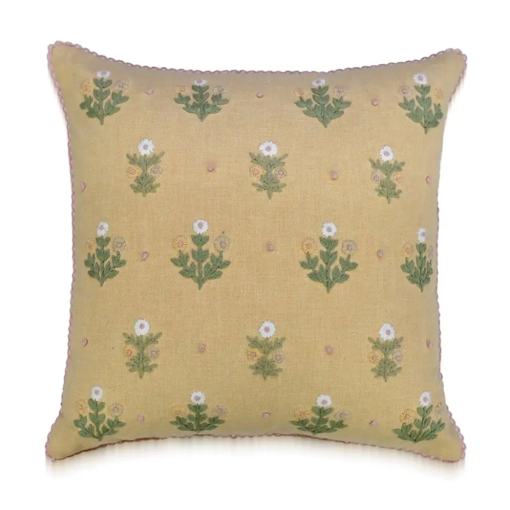 Artisan Surface Hand Embroidered Floral Botanical Cotton Decorative Cushion Cover