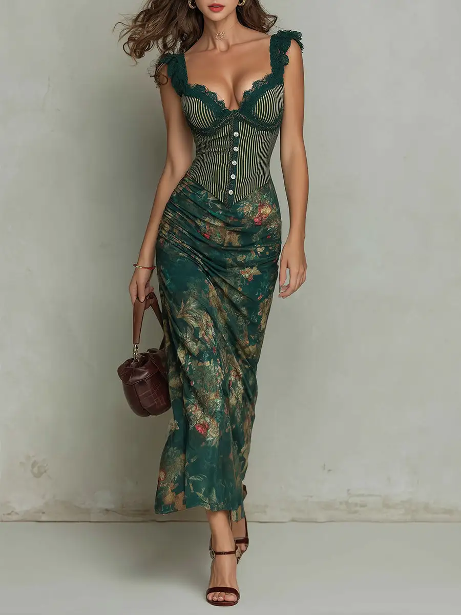 Vintage Lace Trim Striped Flower Print Maxi Dress