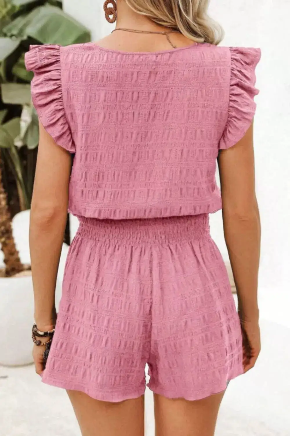 Ruffled Textured Two-Piece Top and Shorts Set