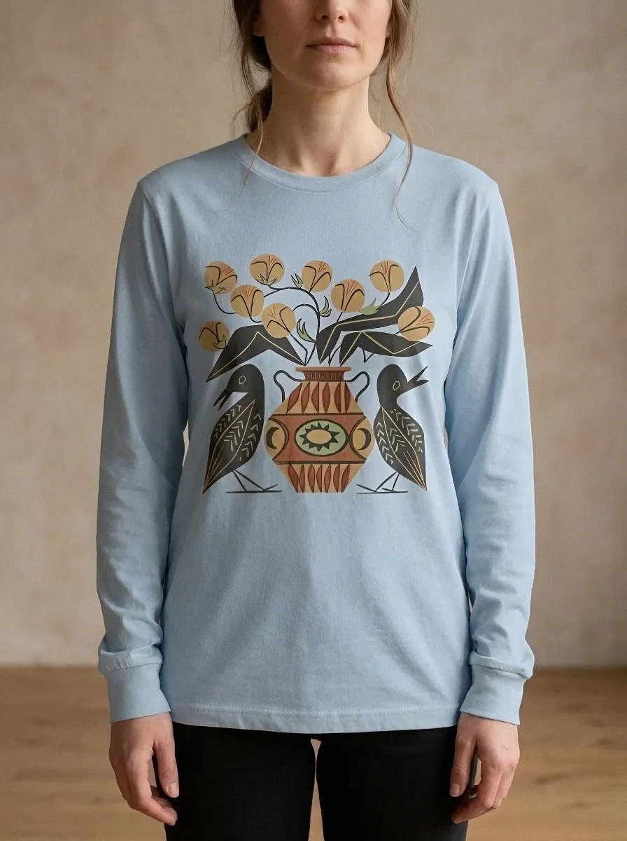 Women's Folk Art Bird Vase Floral Printed Long Sleeve T-shirt