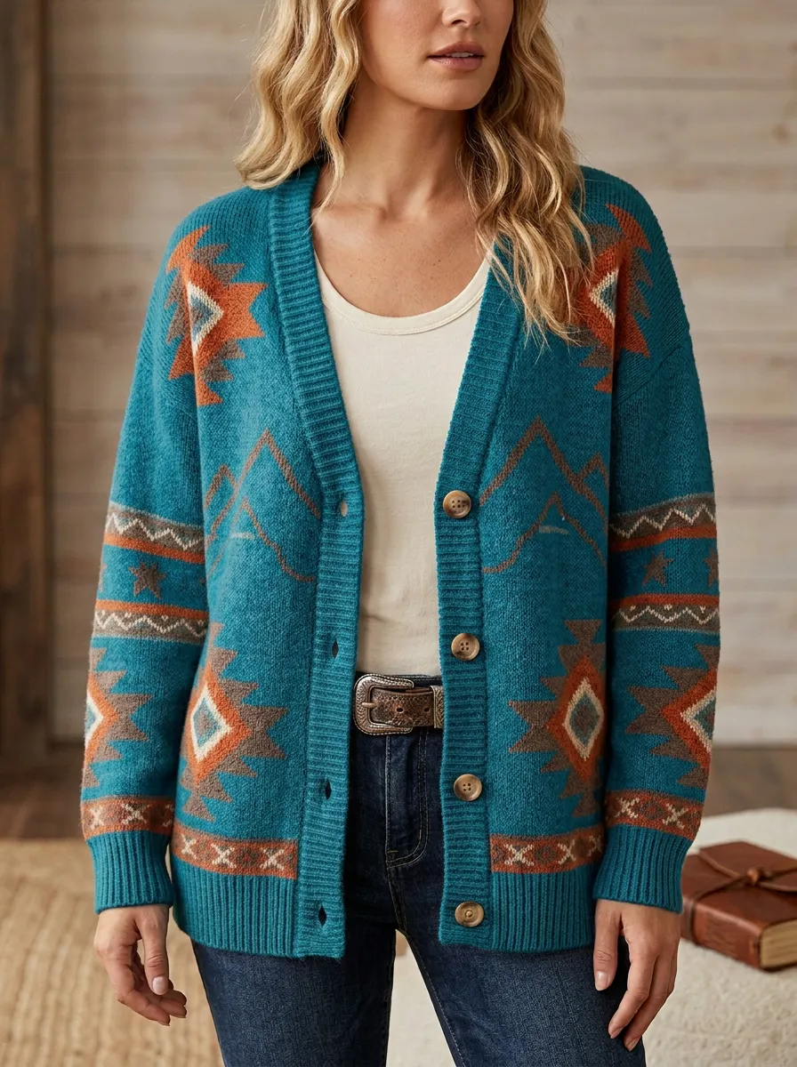 Women's Western B3 Aztec Mountain Pattern Knitted Cardigan
