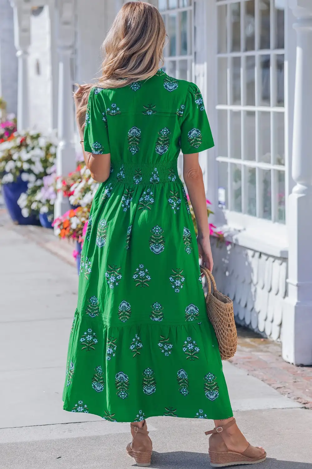 Clean Line Floral Printed Split Neck Maxi Dress