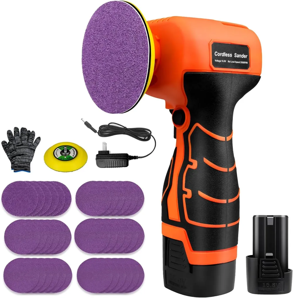 Cordless Electric Sander with 36PCS Sandpapers, 3500 RPM, 2Pcs 2000mAh Batteries, Lightweight & Compact Design for Wood, Metal, Paint Removal, and DIY Projects