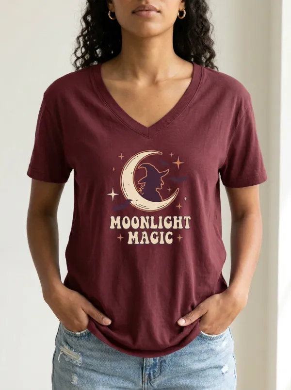 Women's Halloween Witch Moon Moonlight Magic Printed V-neck T-shirt