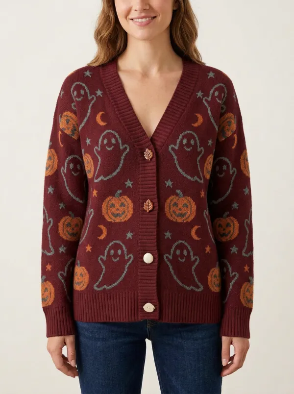 Women's Halloween Ghost Pumpkin Pattern Printed Cardigan