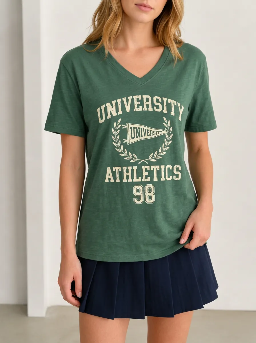Women's University Athletics 98 Pennant Wreath Printed V-Neck T-Shirt