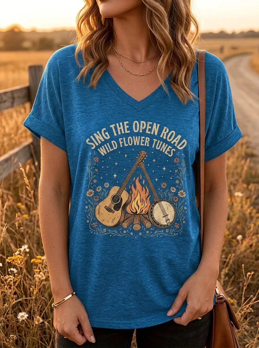 Rustic Country Music Guitar Banjo Campfire V-Neck T-Shirt