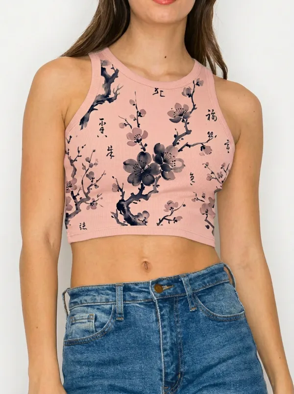 Women's Asian Floral Ink Wash Calligraphy Printed Crop Tank Top