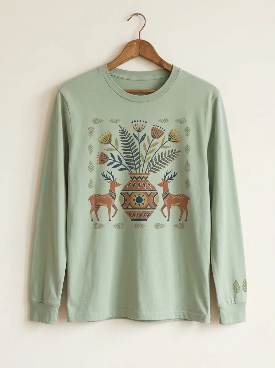 Nature Lover Boho Deer Floral Vase Long Sleeve T-Shirt