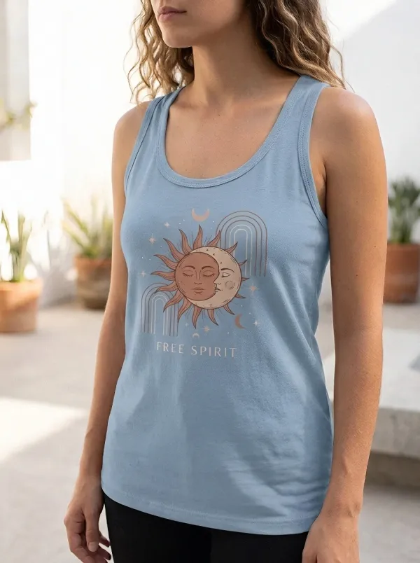 Women's Free Spirit Celestial Sun Moon Rainbow Printed Tank Top