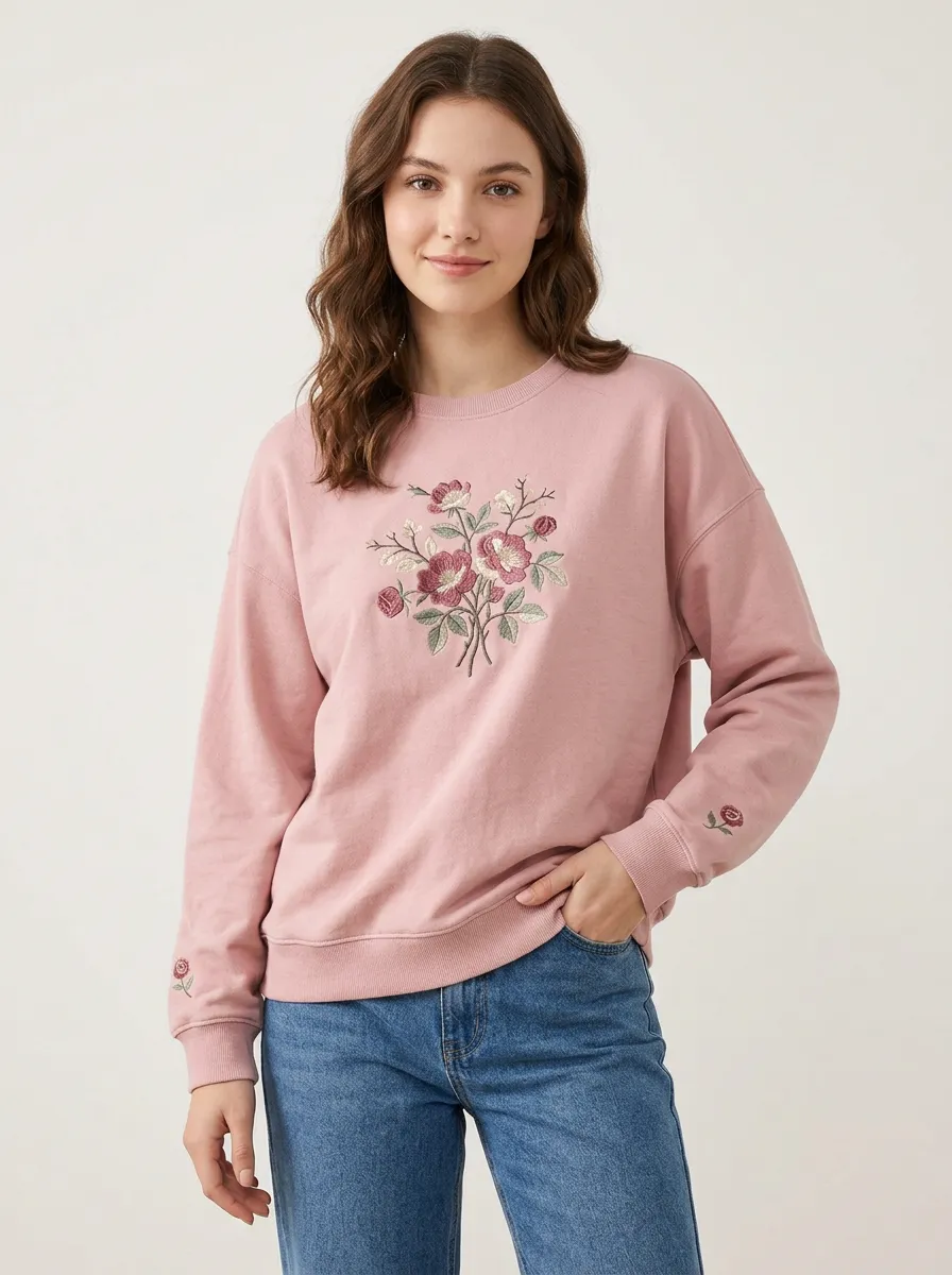 Women's Pink Floral Bouquet Embroidered Printed Sweatshirt