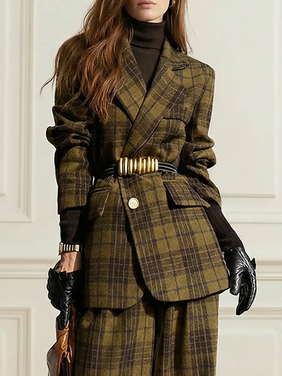 Plaid Split Lapel Jacket Textured Coat