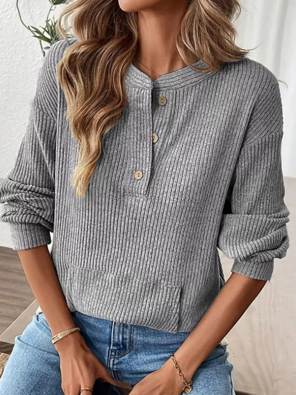 Ribbed Button Detail Long Sleeve T-Shirt