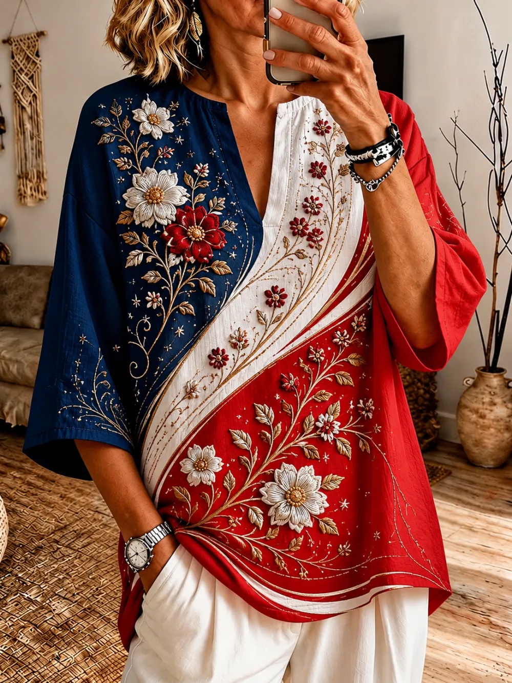 Women's Red White Blue Floral Embroidered Color Block 3/4 Sleeve Blouse